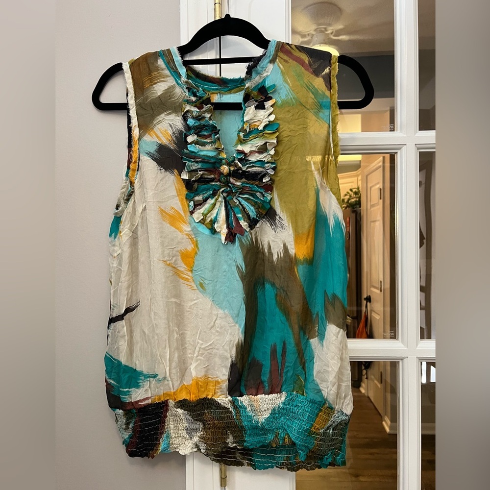 Multi color Sleeveless Ruffle Top 100% silk with elastic waist size M/L